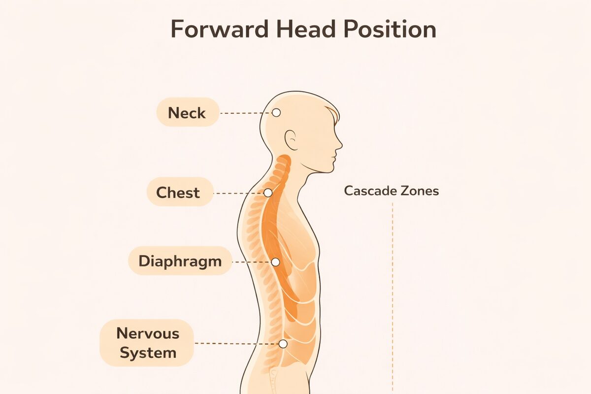 Forward head posture diagram showing cascade zones — neck, chest, diaphragm, and nervous system compression