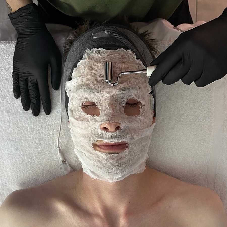 Galvanic Frequency Treatment with gauze mask and electrical roller on male client at Awaken Zen Spa in Mesa, AZ