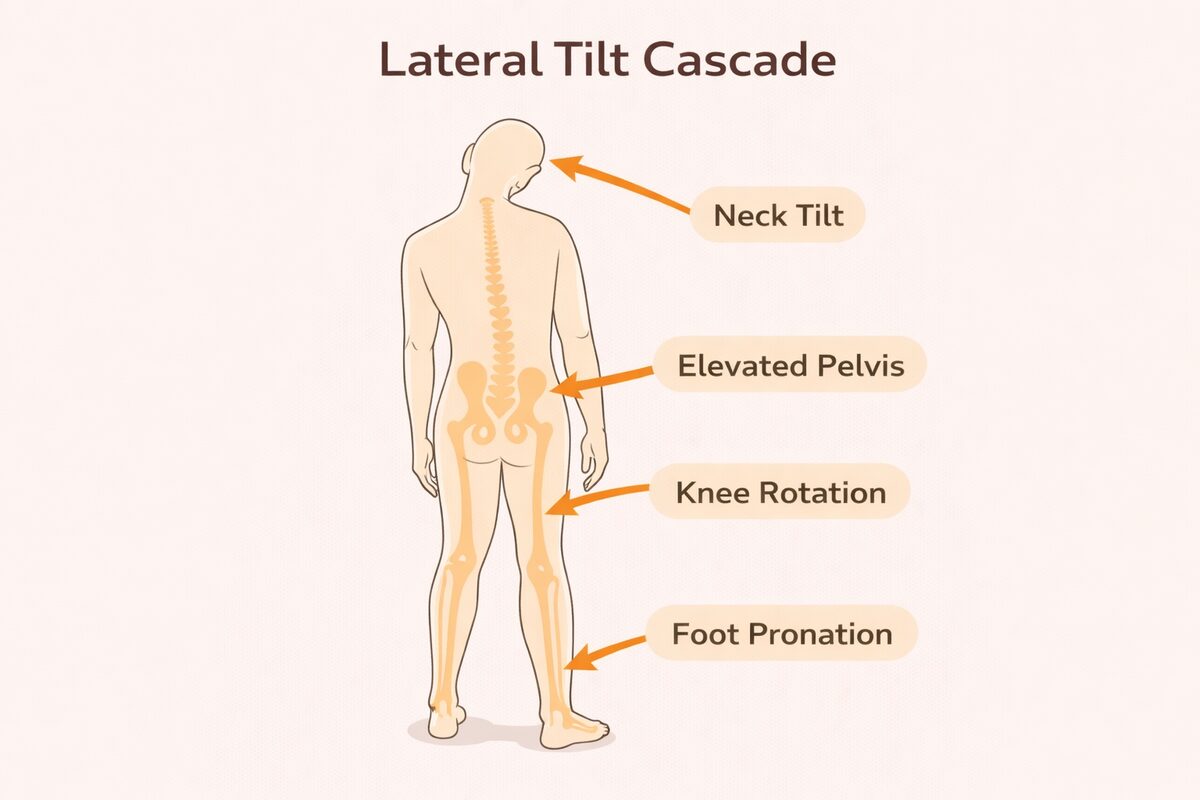Lateral tilt cascade diagram showing neck tilt, elevated pelvis, knee rotation, and foot pronation