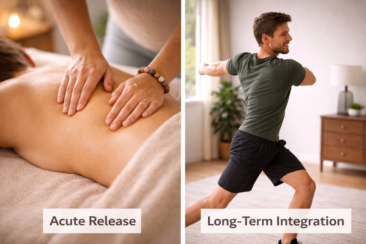 Side-by-side comparison of acute release through massage and long-term integration through movement — why massage results last longer with both