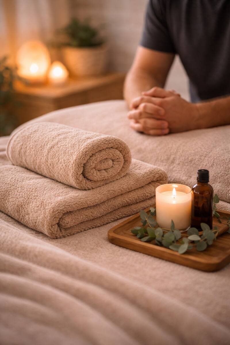 Spa massage table with rolled towels, candle, and massage oil — restorative bodywork environment at Awaken Zen Spa Mesa AZ